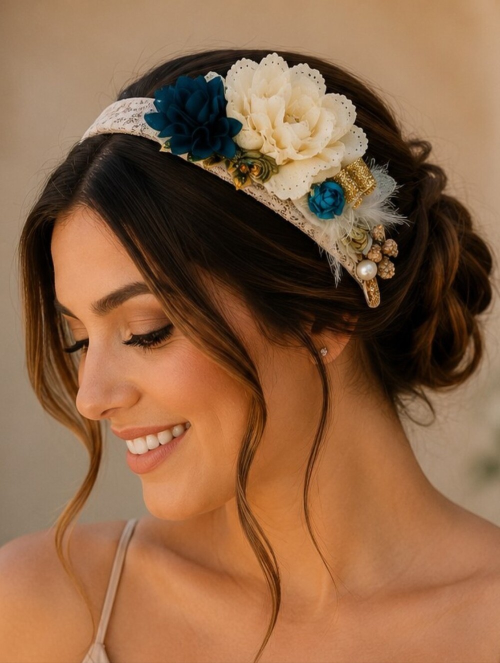 Handmade Vintage Floral Headband Ivory & Teal Romantic Boho Hair Accessory.